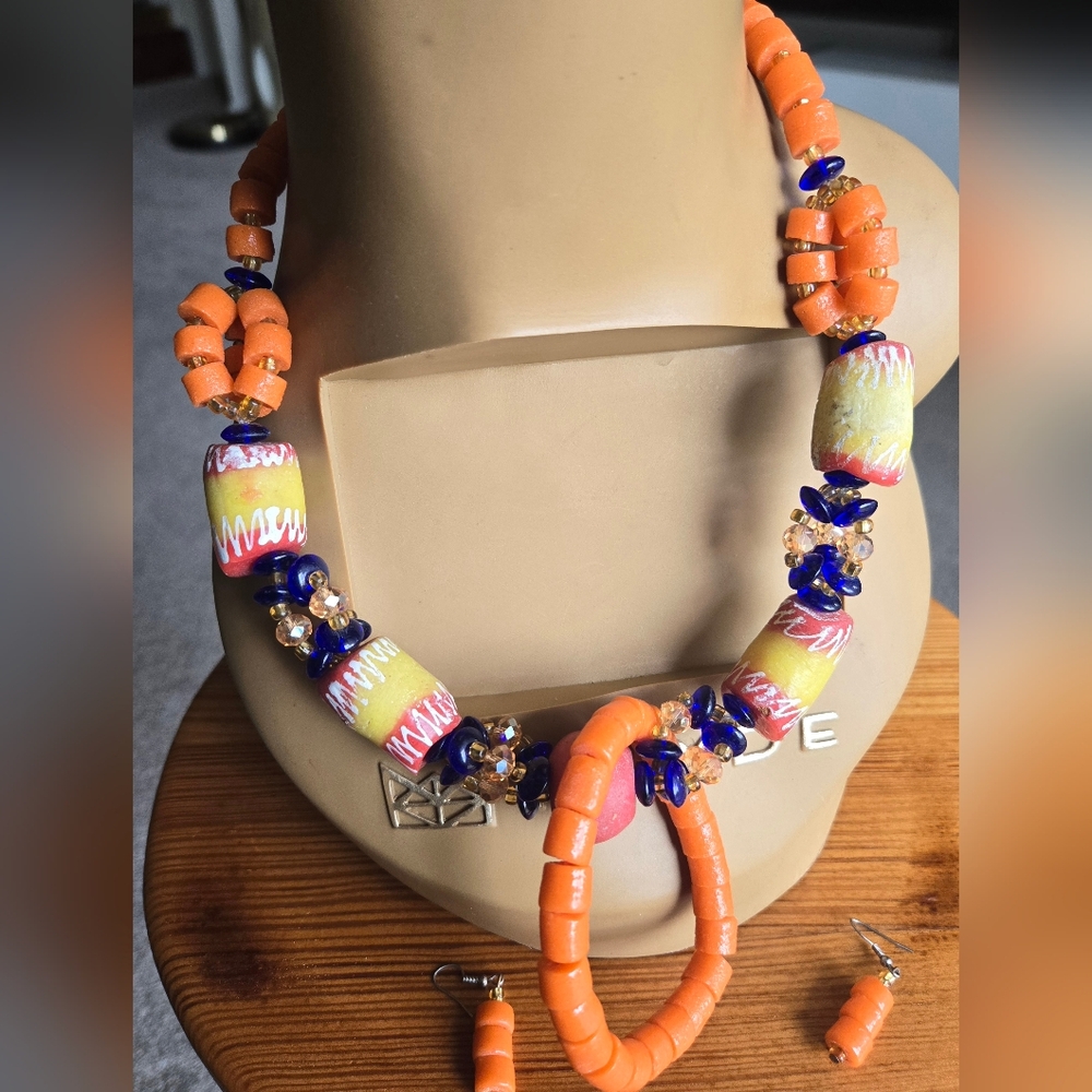 Colorful Authentic Handmade Beaded Necklace with Orange and Blue Accents